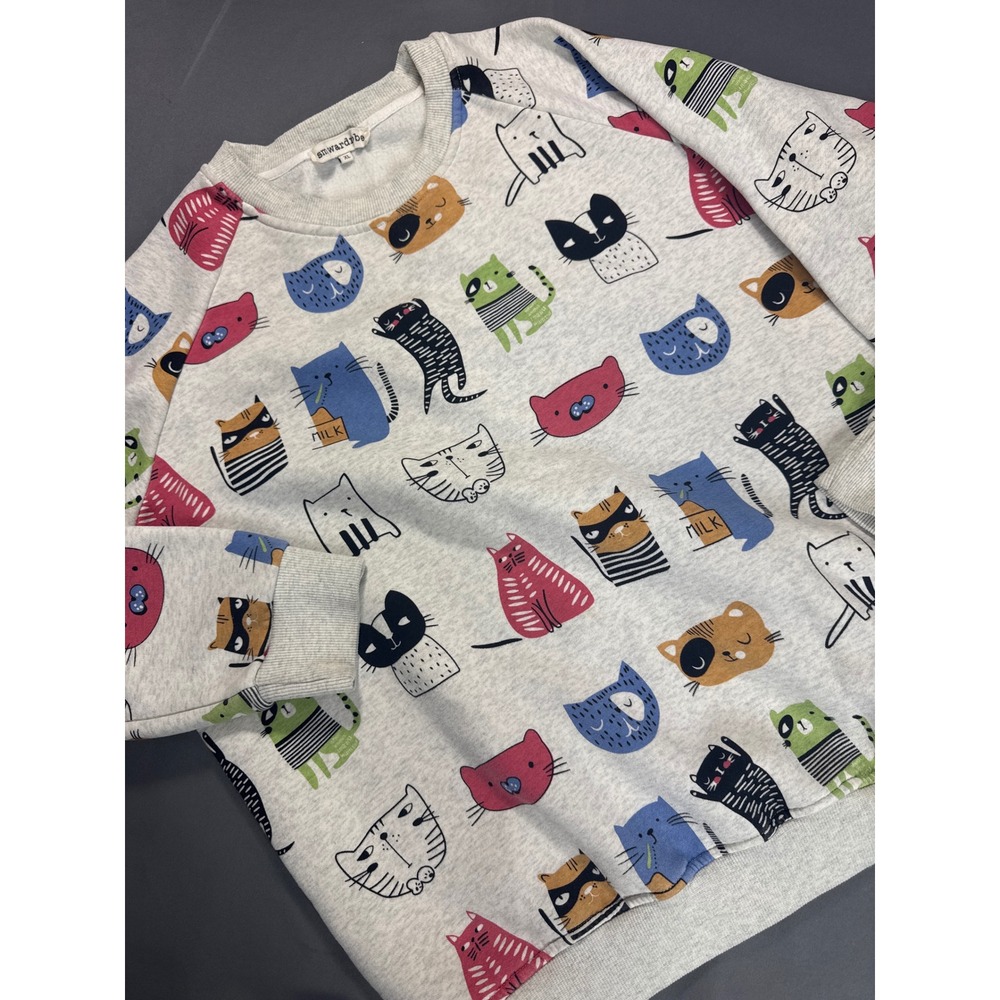 Smwardrobe Cat Print Sweatshirt Gray XL Crew Neck Fleece Pullover Raglan Sleeve